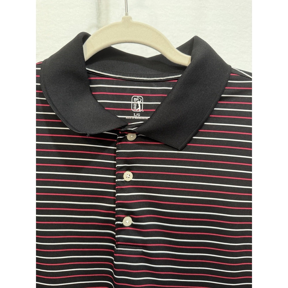 PGA Tour Mens Polo Shirt Large Black Red White Striped Short Sleeve Golf Top
